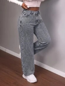 Slaydiva Plus Size Women's Rhinestone Decorated Wide Leg Casual Denim Jeans With Pockets Winter Halloween Christmas Jeans With Glitter Black Pants - Black - View 3