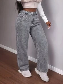 Slaydiva Plus Size Women's Rhinestone Decorated Wide Leg Casual Denim Jeans With Pockets Winter Halloween Christmas Jeans With Glitter Black Pants - Black - View 7
