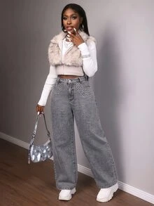 Slaydiva Plus Size Women's Rhinestone Decorated Wide Leg Casual Denim Jeans With Pockets Winter Halloween Christmas Jeans With Glitter Black Pants - Black - View 6