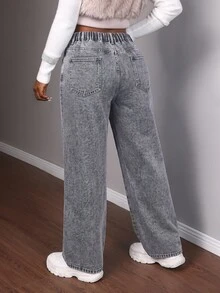 Slaydiva Plus Size Women's Rhinestone Decorated Wide Leg Casual Denim Jeans With Pockets Winter Halloween Christmas Jeans With Glitter Black Pants - Black - View 2