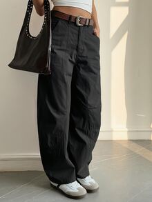 Livesso 女款休閒純色高腰喇叭褲 日常正式款 黑色 秋季度假 - 黑色 - 查看 4