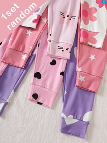 (盲盒5套，隨機發送1套) 女童幼兒2件式針織圓領長袖內搭褲套裝，白色粉色紫色深粉色卡通可愛貓咪愛心彩色花朵星星印花，舒適柔軟簡約休閒居家服，四季可穿 - 彩色 - 查看 7