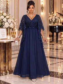 Fleurora Plus Size Women's V-Neck Pleated Casual Party & Travel Dress - Navy Blue - View 3