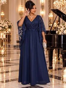 Fleurora Plus Size Women's V-Neck Pleated Casual Party & Travel Dress - Navy Blue - View 1