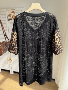 Comfortcana Plus Size Fashion Casual Lace Hollow Leopard Print Patchwork Design T-Shirt - Multicolor - View 2