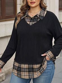 SHEIN CURVE+ Plus Size Women's Fashion Loose Colorblock Patchwork 2 In 1 Shirt - Black - View 6