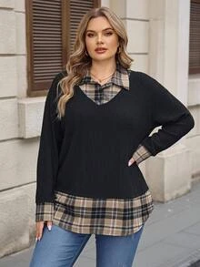SHEIN CURVE+ Plus Size Women's Fashion Loose Colorblock Patchwork 2 In 1 Shirt - Black - View 7