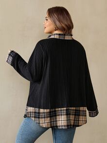 SHEIN CURVE+ Plus Size Women's Fashion Loose Colorblock Patchwork 2 In 1 Shirt - Black - View 2