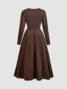 SHEIN MOD Plus Size Women's Elegant Long Brown Dress, Long Sleeve Square Neck, Mid-Length, Ruched Waist Design, Suitable For Parties, Events And Cocktail Parties. - Brown - View 3