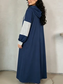 Knitted Sweatshirt With Colorblock Design, Casual Daily Minimalist Fashion Loose Long Plus Size - Blue - View 2