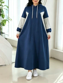 Knitted Sweatshirt With Colorblock Design, Casual Daily Minimalist Fashion Loose Long Plus Size - Blue - View 5
