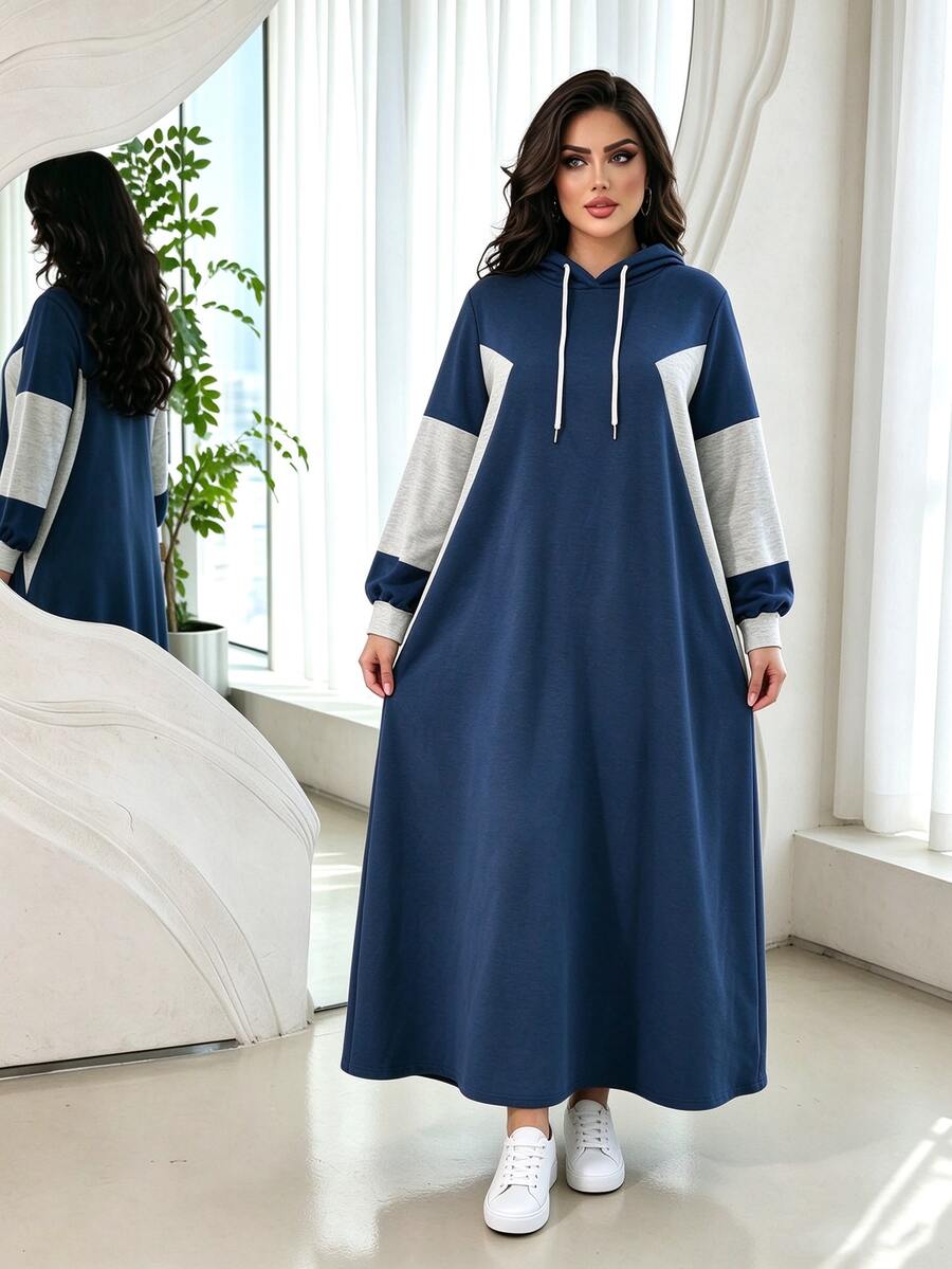 Knitted Sweatshirt With Colorblock Design, Casual Daily Minimalist Fashion Loose Long Plus Size - Blue - View 1