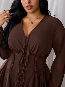 Rustia Plus Size Women's Casual Commute Daily Minimalist Woven Long Sleeve Autumn Dress Fall - Brown - View 6