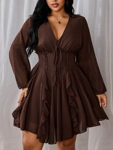 Rustia Plus Size Women's Casual Commute Daily Minimalist Woven Long Sleeve Autumn Dress Fall - Brown - View 1