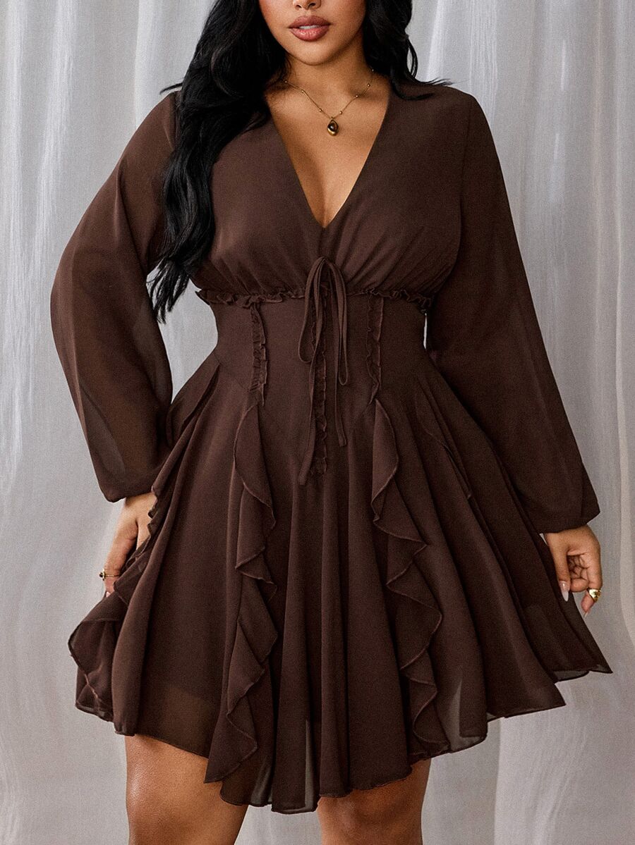 Rustia Plus Size Women's Casual Commute Daily Minimalist Woven Long Sleeve Autumn Dress Fall - Brown - View 1