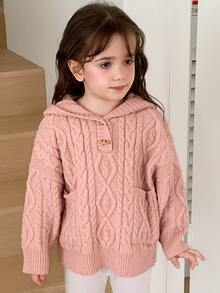 Dazy Kids Young Girl Cable Knit Horn Button Hooded Long Sleeve Sweater Fall - Pink - View 6