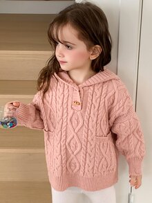Dazy Kids Young Girl Cable Knit Horn Button Hooded Long Sleeve Sweater Fall - Pink - View 8