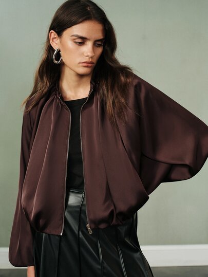 Aveloria Modichic Women's Jacket Loose Drop Shoulder Bright Satin Ruched Zipper Lantern Sleeve Modern Brown Solid Jacket Jackets For Women Fall Outfits Halloween