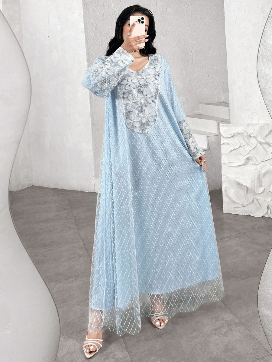 Al Najma Mesh Jacquard Patchwork Elegant Loose Long Sleeve Dress For Women - Multicolor - View 1