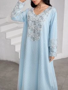 Al Najma Mesh Jacquard Patchwork Elegant Loose Long Sleeve Dress For Women - Multicolor - View 6