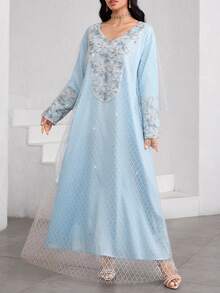 Al Najma Mesh Jacquard Patchwork Elegant Loose Long Sleeve Dress For Women - Multicolor - View 4