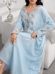 Al Najma Mesh Jacquard Patchwork Elegant Loose Long Sleeve Dress For Women - Multicolor - View 3