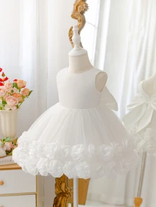 SHEIN Glamorique Kids 女嬰純米白色薄紗3D花朵洋裝 生日花童派對婚禮公主風 秋季造型 優雅可愛學院風 - 白色 - 查看 6