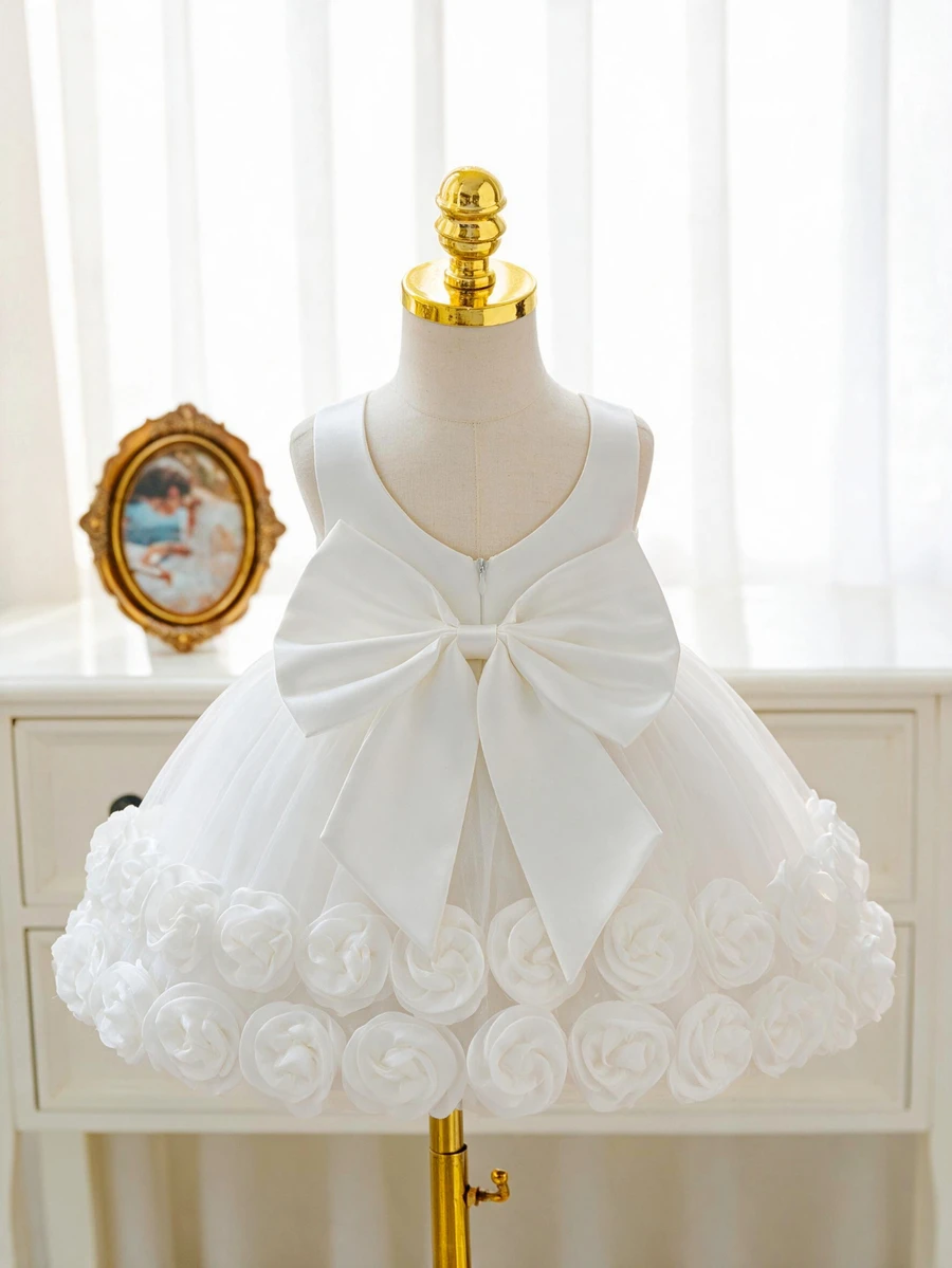 SHEIN Glamorique Kids 女嬰純米白色薄紗3D花朵洋裝 生日花童派對婚禮公主風 秋季造型 優雅可愛學院風 - 白色 - 查看 1