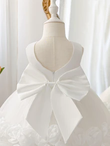 SHEIN Glamorique Kids 女嬰純米白色薄紗3D花朵洋裝 生日花童派對婚禮公主風 秋季造型 優雅可愛學院風 - 白色 - 查看 9