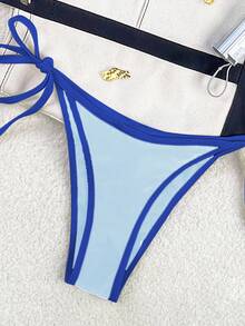 SHEIN Swim 2026春夏女款比基尼泳衣，細肩帶掛脖設計，深藍+淺藍拼色，性感度假側綁繩丁字褲兩件式比基尼 - 藍色 - 查看 6