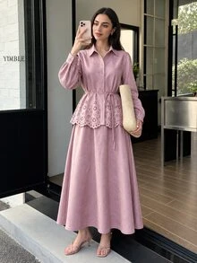 Solavon 女款純色麂皮長袖鏤空圖案上衣與裙子休閒端莊浪漫優雅兩件套 藕紫色 夏季早午餐茶會 - 粉色 - 查看 1