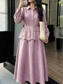 Solavon 女款純色麂皮長袖鏤空圖案上衣與裙子休閒端莊浪漫優雅兩件套 藕紫色 夏季早午餐茶會 - 粉色 - 查看 3