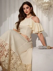 Seusyu White Elegant Sexy Ruffle Off-Shoulder Embroidered Patchwork Mid-Length Dress For Women Wedding Party Summer - Apricot - View 4