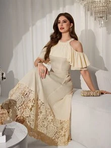 Seusyu White Elegant Sexy Ruffle Off-Shoulder Embroidered Patchwork Mid-Length Dress For Women Wedding Party Summer - Apricot - View 7