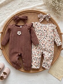 SHEIN 2件組女嬰春秋新款信封領荷葉袖長袖連身褲，底部按扣設計，彩色羅紋布料/純紫色羅紋布料搭配3D花朵裝飾，可愛嬰兒爬行服，生日拍照適用百搭日常穿著連身褲2件組+髮帶 - 棕色 - 查看 8