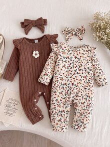 SHEIN 2件組女嬰春秋新款信封領荷葉袖長袖連身褲，底部按扣設計，彩色羅紋布料/純紫色羅紋布料搭配3D花朵裝飾，可愛嬰兒爬行服，生日拍照適用百搭日常穿著連身褲2件組+髮帶 - 棕色 - 查看 9