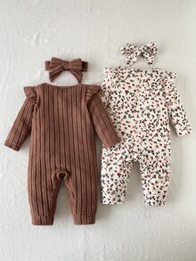 SHEIN 2件組女嬰春秋新款信封領荷葉袖長袖連身褲，底部按扣設計，彩色羅紋布料/純紫色羅紋布料搭配3D花朵裝飾，可愛嬰兒爬行服，生日拍照適用百搭日常穿著連身褲2件組+髮帶 - 棕色 - 查看 2