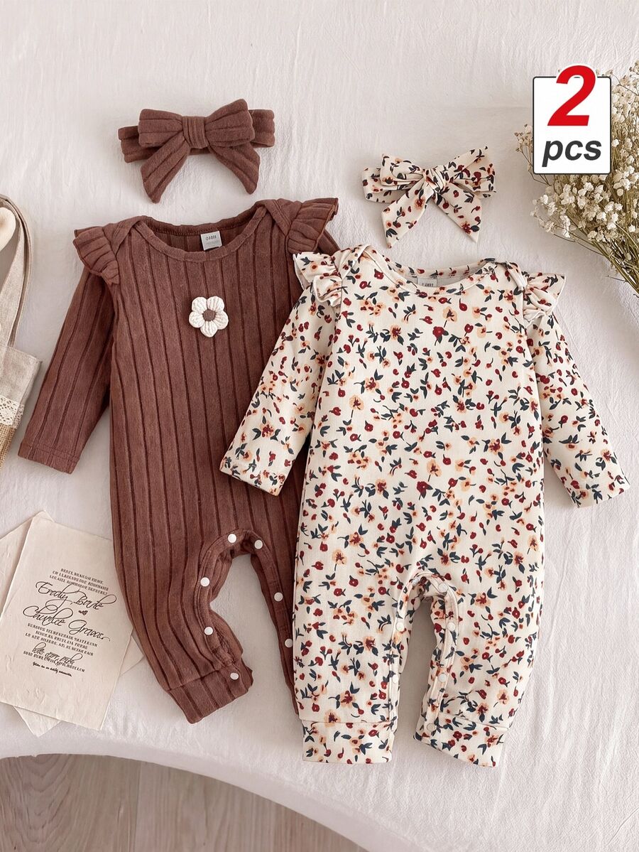 SHEIN 2pcs/Set Baby Girl Spring/Autumn New Envelope Collar Flutter Sleeve Long Sleeve Jumpsuit With Snap Bottom, Colorful Ribbed Fabric/Pure Purple Ribbed Fabric With 3D Flower Decor, Cute Baby Crawler Suit, Birthday Photo-Worthy Versatile Daily Wear Jumpsuit 2pcs Set + Headband - Brown - View 1