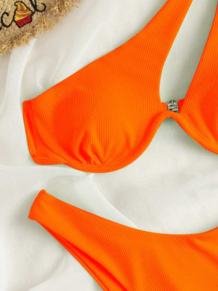 SHEIN Swim 2026 Spring/Summer Adjustable Asymmetrical Shoulder Underwire Push-Up Back Closure Solid Color High-Cut Bottom Orange Women's Two Pieces Bikini Set - Orange - View 5