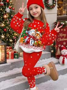 SHEIN 女童可愛聖誕老人、馴鹿、薑餅人圖案波點雪花聖誕紅軟厚圓領長袖衛衣與內搭褲套裝，適合秋冬、聖誕節，時尚秋季新款套裝 - 彩色 - 查看 5