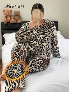 Napfluff CURVE Napfluff CURVE Women's Autumn/Winter Leopard & Zebra Print Patchwork Animal Pattern Flannel Pajama Set, Round Neck Long Sleeve Loose Plus Size Fuzzy Loungewear - Multicolor - View 1