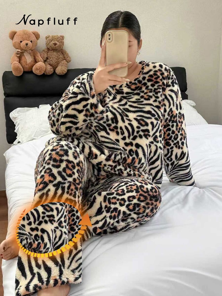 Napfluff CURVE Napfluff CURVE Women's Autumn/Winter Leopard & Zebra Print Patchwork Animal Pattern Flannel Pajama Set, Round Neck Long Sleeve Loose Plus Size Fuzzy Loungewear - Multicolor - View 1