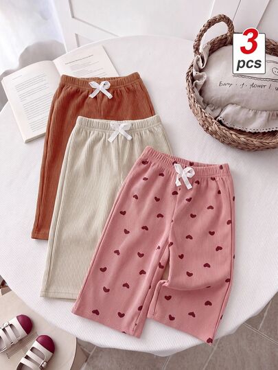 SHEIN 3 piezas Pantalones de pierna ancha para niña pequeña, estampado de corazones rosa dulce, beige y marrón, lazo blanco, cintura elástica, ajuste regular, holgado, acanalado, para vacaciones de verano y días festivos