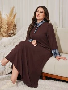 Seusyu 大尺碼女款寬鬆休閒缺口領長袖格紋拼接羅紋長洋裝，秋季 - 棕色 - 查看 7