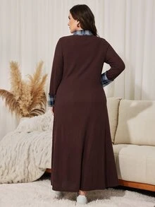 Seusyu 大尺碼女款寬鬆休閒缺口領長袖格紋拼接羅紋長洋裝，秋季 - 棕色 - 查看 2