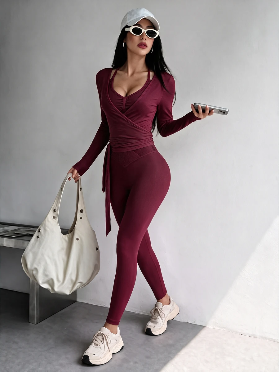 Slayform طقم رياضي نسائي مكون من توب مكشكش وكارديجان بأكمام طويلة مع بنطال ضيق بقصة سليم - عنابي اللون - مشاهدة 1