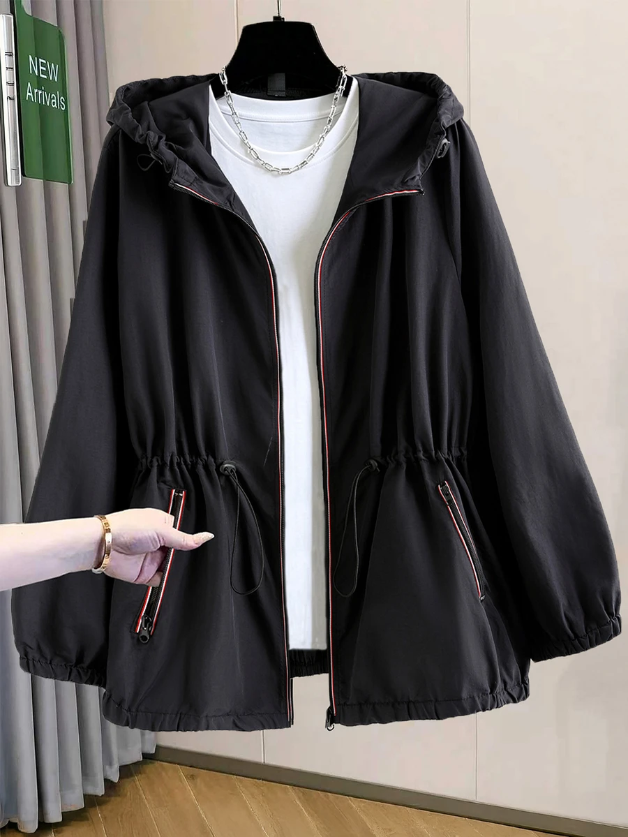 EMERY ROSE Plus Size Women's Solid Color Hooded Zip-Up Jacket With ...