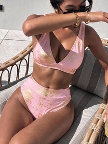 SHEIN Swim 2026 Spring/Summer Gold Foil Deep V-Neck Adjustable Strap High Waist Bikini Set, Sexy For Beach Photography - Pink - View 1