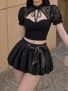 SHEIN MOD 女款純色腰結時尚鬱金香下擺裙，秋季服飾，節日穿搭，聖誕節，新年穿搭，生日穿搭 - 黑色 - 查看 11