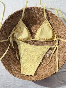 SHEIN Swim 2026春夏黄色碎花特殊面料吊带露背抽绳侧边纯色女士比基尼套装，适合海滩摄影，甜蜜假期 - 黃色 - 查看 2
